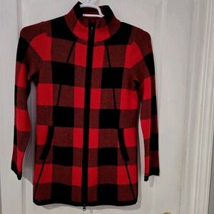 Adrienne Vittadini Red Black Plaid Zip Cardigan Sweater Jacket Small Xmas Party